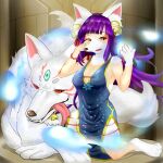 3_toes 4_fingers 856_i anthro asian_clothing bell bell_collar blue_clothing blue_dress breasts chinese_clothing chinese_dress clothing collar dress duo east_asian_clothing embarrassed embarrassed_female energy_ball fangs feet female feral fingers fox_spirit fur hair hair_bell hand_on_snout human human_to_anthro inside kneeling light_blush looking_at_hand lying male mammal medium_breasts mid_transformation on_front open_mouth orange_eyes purple_hair species_transformation teeth toes tongue tongue_out transformation white_body white_fur yellow_eyes