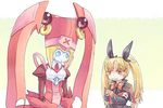  android angry blazblue blonde_hair blue_eyes bow breast_envy citolo clenched_teeth crossed_arms gununu hair_bow hat height_difference ignis_(blazblue) long_hair multiple_girls pink_hat rachel_alucard red_bow red_eyes ribbon robot_ears shawl short_hair teeth twintails 