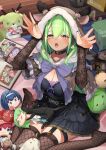  1girl absurdres animal_ear_hood animal_on_lap black_choker black_dress black_nails book boomei_(nanashi_mumei) breasts cat cat_on_lap ceres_fauna ceres_fauna_(goth) character_doll choker cleavage doll dress fishnet_thighhighs fishnets flower frills fur-trimmed_hood fur_trim green_hair hair_flower hair_ornament hakos_baelz_(rat) heart heart_choker highres holocouncil hololive hololive_english holopromise hood irys_(hololive) long_sleeves mole mole_under_eye nanashi_mumei nemu_(ceres_fauna) official_alternate_costume on_lap open_book open_mouth ouro_kronii photo_(object) pink_flower sapling_(ceres_fauna) sitting snail_(ceres_fauna) sora_no_tori thighhighs tsukumo_sana virtual_youtuber wariza white_flower wooden_floor yellow_eyes youtube_logo 