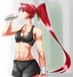  abs bad_id bad_pixiv_id bandages bottle bowalia copyright_request long_hair midriff muscle muscular_female navel ponytail red_hair shorts solo sports_bra water_bottle 