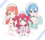  299_(horisso) 3girls :i :p ^^^ ai_scream!_(love_live!) aiscream_(love_live!) akanbe aqua_eyes blue_hair blush clenched_hand clenched_hands commentary_request eyelid_pull flower_hairpin green_eyes hair_between_eyes hair_bun incoming_attack incoming_punch kurosawa_ruby looking_at_viewer love_live! love_live!_nijigasaki_high_school_idol_club love_live!_sunshine!! love_live!_superstar!! medium_hair multiple_girls official_alternate_costume orange_eyes orange_hair pout puff_of_air puffy_cheeks punching red_hair short_hair shout_lines simple_background single_side_bun tongue tongue_out two_side_up uehara_ayumu v-shaped_eyebrows wakana_shiki white_background 