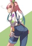  1girl :i airani_iofifteen airani_iofifteen_(1st_costume) angry arched_back art_brush ass bilingual_commentary blue_hair blue_overalls blush bow_hairband breasts chinese_commentary cowboy_shot criss-cross_back-straps denim_overalls embarrassed english_commentary from_behind gradient_hair green_background green_hairband hair_bun hair_ornament hairband highres hololive hololive_indonesia long_hair long_sidelocks looking_at_viewer looking_back ludwigtk medium_breasts mixed-language_commentary multicolored_hair multicolored_hairband overalls paint_on_clothes paint_splatter paint_splatter_on_face paintbrush palette_hair_ornament pants pants_rolled_up pink_hair pink_hairband polka_dot_hairband pouch pout puff_of_air purple_eyes side_ponytail side_up_bun sidelocks solo sweater thigh_pouch three-quarter_sleeves two-tone_background virtual_youtuber white_background white_sweater 