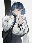  1girl absurdres ahoge bespectacled black-framed_eyewear black_bra black_ribbon black_skirt blue_bow blue_hair blunt_bangs bocchi_the_rock! bow bra breasts buckle cleavage closed_mouth collarbone collared_shirt cowboy_shot double-parted_bangs dress_shirt earbuds earphones expressionless eyelashes glasses grey_background guitar_case hair_between_eyes hair_intakes hair_ornament hairclip high-waist_skirt highres holding_earbud instrument_case jiutian_shuli listening_to_music long_sleeves looking_at_viewer mole mole_under_eye neck_ribbon partially_unbuttoned pleated_skirt pointy_nose ribbon school_uniform shimokitazawa_high_school_uniform shirt short_hair simple_background skirt sleeves_past_wrists solo standing underwear watermark weibo_watermark white_shirt yamada_ryo yellow_eyes 