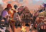  5boys 6+girls absurdres ahoge almightyx124 amakusa_shirou_(fate) amakusa_shirou_(third_ascension)_(fate) animal_ear_hairband animal_ears arjuna_(fate) arm_up ascot ashwatthama_(fate) astolfo_(fate) astolfo_(saber)_(fate) astolfo_(saber)_(second_ascension)_(fate) bandeau black_bow black_bowtie black_gloves black_hair black_hairband black_jacket black_sailor_collar black_shirt black_shoes black_skirt black_thighhighs blonde_hair blue_eyes bow bowtie braid breasts caenis_(fate) caenis_(second_ascension)_(fate) campfire cleavage cleavage_cutout closed_eyes closed_mouth clothing_cutout coat command_spell cup dark-skinned_female dark-skinned_male dark_skin detached_sleeves dragon earrings eating elbow_gloves elbow_rest fake_animal_ears fang fate/grand_order fate_(series) food fou_(fate) fujimaru_ritsuka_(female) fujimaru_ritsuka_(female)_(polar_chaldea_uniform) gloves green_eyes grey_skirt grin group_picture hair_between_eyes hair_bow hair_intakes hairband hakama hakama_pants half_up_braid hand_up head_rest headpiece high_ponytail highres holding holding_food holding_plate holding_skewer horns horse_ears jacket japanese_clothes jewelry karna_(fate) kataginu light_blush log long_hair long_sleeves looking_at_another low-tied_long_hair marshmallow mash_kyrielight mash_kyrielight_(ortenaus) meat minamoto_no_raikou_(fate) minamoto_no_raikou_(swimsuit_lancer)_(fate) minamoto_no_raikou_(swimsuit_lancer)_(second_ascension)_(fate) mini_bowtie mordred_(fate) mordred_(fate/apocrypha) multiple_boys multiple_girls neckerchief one_side_up open_mouth orange_hair outdoors pants parted_bangs pink_hair plate pleated_skirt ponytail popped_collar purple_eyes purple_hair rabbit_ears red_bandeau red_hair red_neckerchief roasted_marshmallow s&#039;more sailor_collar sakazuki school_uniform serafuku severed_head shirt shoes short_hair shuten_douji_(fate) single_glove sitting sitting_on_log skewer skin_fang skirt smile sunset teeth thighhighs three-quarter_sleeves tree upper_teeth_only white_ascot white_coat white_hair white_pants yellow_eyes 
