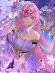  1girl bare_shoulders breasts corset diamond-shaped_pupils diamond_(shape) elysia_(herrscher_of_human:_ego)_(honkai_impact) elysia_(honkai_impact) hashtag-only_commentary heart highres honkai_(series) honkai_impact_3rd long_hair medium_breasts pink_hair purple_background purple_eyes smile solo symbol-shaped_pupils triquetra veil very_long_hair white_corset white_veil x431788 