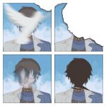  1boy bird black_shirt blue_hair blue_scarf blue_sky brown_hair coat commentary covered_face deca_m3 earrings eyewear_strap glasses gradient_hair hashtag-only_commentary highres ike_eveland ike_eveland_(1st_costume) jewelry male_focus multicolored_hair multiple_views nijisanji nijisanji_en scarf shaded_face shirt sky stain torn upper_body virtual_graduation_commemoration virtual_youtuber white_coat 