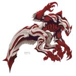  absurdres arm_up carapace colored_skin dated deerchip fluffy from_side highres monster monster_focus multicolored_fur no_humans original red_claws red_fur red_skin sharp_tail simple_background small_horns solo spiked_tail striped_fur tail twitter_username white_background white_fur 
