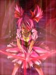  arrow bow_(weapon) gloves hair_over_one_eye highres iga kaname_madoka magical_girl mahou_shoujo_madoka_magica pink_eyes pink_hair short_hair solo twintails weapon 