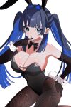  1girl absurdres alternate_costume alternate_hairstyle animal_ear_hairband animal_ears bare_shoulders black_bow black_bowtie black_gloves black_hair black_leotard blue_eyes blue_hair blunt_bangs blunt_ends bow bowtie breasts colored_inner_hair commentary detached_collar elbow_gloves fake_animal_ears fake_tail fishnet_pantyhose fishnets gloves hair_intakes hairband hana20000920 hand_on_own_hip hand_up highres hololive hololive_english large_breasts leotard long_hair looking_at_viewer md5_mismatch multicolored_hair ouro_kronii pantyhose playboy_bunny rabbit_ear_hairband rabbit_ears rabbit_tail sidelocks simple_background solo strapless strapless_leotard symbol-only_commentary tail virtual_youtuber white_background wrist_cuffs 