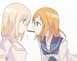  aoki_shizumi bad_id bad_pixiv_id blonde_hair blue_eyes blush couple food fukuji_mihoko kazekoshi_school_uniform kiyosumi_school_uniform leaning_forward mouth_hold multiple_girls orange_hair pocky saki school_uniform serafuku sharing_food simple_background sweat takei_hisa yuri 