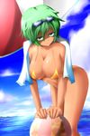  7ban arm_support bad_id bad_pixiv_id ball beachball bikini breasts cleavage cloud day goggles goggles_on_head green_eyes green_hair kazami_yuuka large_breasts leaning_forward looking_at_viewer ocean sideboob sky solo swimsuit tan thighs touhou towel towel_around_neck umbrella water 