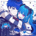  1boy 1girl :d amemiya_darumi arms_around_neck blue_hair chibi chibi_inset chinese_commentary commentary_request earrings eyepatch face_piercing highres japanese_clothes jewelry labret_piercing long_hair looking_at_viewer makeup multicolored_hair omokage_yugamu piercing pink_eyes purple_eyes roots_(hair) short_hair smile striped_clothes the_hundred_line_-last_defense_academy- variant_set white_background yellowboom 