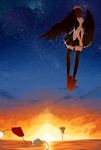  arms_behind_back back brown_hair floating flying geta hands_clasped hat hat_removed headwear_removed highres night night_sky ocean own_hands_together peaceful ryuu_(tsukinoyuki) shameimaru_aya short_hair signpost sky solo star_(sky) starry_sky sunset thighhighs tokin_hat touhou v_arms water wings 