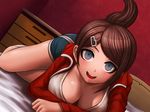  asahina_aoi bare_legs blue_eyes blush breasts brown_hair cleavage collarbone danganronpa danganronpa_1 dark_skin downblouse dutch_angle face gig_(artist) hair_ornament hairclip jacket komatsuzaki_rui_(style) large_breasts looking_at_viewer lying official_style on_stomach open_mouth shorts smile solo 