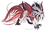  all_fours black_claws black_fur colored_skin dated deerchip full_body horns mane monster monster_focus multicolored_skin multiple_horns multiple_tails no_humans original red_skin simple_background solo spikes tail tendril twitter_username two_tails white_background white_skin 
