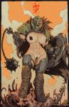  1girl abs armor artist_name assault_visor black_border blood border breasts breasts_apart commentary covered_nipples covered_pussy doom:_the_dark_ages doom_(series) doomguy english_commentary gauntlets genderswap genderswap_(mtf) green_armor groin helmet highres holding holding_flail holding_shield holding_weapon huge_breasts kajin_(kajinman) large_breasts mark_of_the_doom_slayer muscular muscular_female navel patreon_username pauldrons pile_of_corpses praetor_suit shield shield_saw_(doom) shoulder_armor solo space_marine spiked_shield weapon web_address 