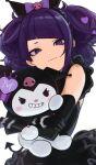 2girls absurdres black_dress black_gloves closed_mouth demon_tail diagonal_bangs dress elbow_gloves gloves grin highres holding idolmaster idolmaster_shiny_colors kuromi light_smile looking_at_viewer multiple_girls onegai_my_melody purple_eyes purple_hair ryo---ta sanrio simple_background smile tail tanaka_mamimi twintails upper_body white_background 