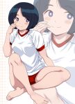  1girl bare_shoulders barefoot black_hair blue_eyes bob_cut buruma commentary_request commission faceless faceless_male feet gundam gundam_gquuuuuux gym_shirt gym_uniform indian_style looking_at_viewer mature_female no_sclera ponzu_rui red_buruma shiiko_sugai shirt short_hair sideways_glance sitting skeb_commission solo t-shirt toes white_shirt zoom_layer 