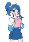  1girl absurdres blue_eyes blue_hair blue_shirt blue_skirt bow casual cowboy_shot cut_bangs hair_bow highres hirogaru_sky!_precure holding holding_notebook long_sleeves looking_at_viewer masami_01st medium_hair miniskirt notebook open_mouth pleated_skirt precure shirt side_ponytail simple_background single_sidelock skirt smile solo sora_harewataru standing t-shirt two-tone_shirt white_background white_shirt yellow_bow 