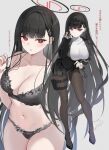 1girl black_bra black_hair black_halo black_panties black_pantyhose black_suit blue_archive bra bright_pupils clothes_lift full_body hair_ornament hairclip hairpin halo heart heart-shaped_pupils highres holster kita_(kitairoha) lace-trimmed_bra lace-trimmed_panties lace_trim lifting_own_clothes long_hair looking_at_viewer multicolored_halo multiple_views panties pantyhose red_eyes ringed_eyes rio_(blue_archive) skirt skirt_lift solo suit sweater symbol-shaped_pupils thigh_holster translation_request turtleneck turtleneck_sweater two-tone_halo underwear underwear_only white_pupils white_sweater 