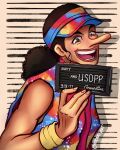  1boy artist_name barbie_(franchise) barbie_(live_action) barbie_mugshot_(meme) black_hair blush chikariart commentary highres long_nose looking_at_viewer male_focus meme one_piece open_mouth sleeveless sleeveless_jacket smile solo twitter_username upper_body usopp wristband 