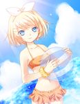  aqua_eyes ball beach bikini blonde_hair cloud day hair_ornament hair_ribbon hairclip jyuru kagamine_rin outdoors ribbon short_hair sky solo swimsuit vocaloid 