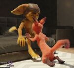 3d_(artwork) absurd_res alien animal_genitalia animal_penis anthro anus balls bed bedroom black_nose blender_(artwork) canid canine canine_genitalia canine_penis clothing crossover digital_media_(artwork) disney duo english_text erection feet fox front_view fur furniture genitals gloves gloves_(marking) hands_on_knees hands_on_legs handwear hat headgear headwear hi_res insomniac_games kneeling knot lombax male male/male mammal markings mostly_nude nick_wilde nude on_model oral oral_penetration orange_body orange_fur pawpads penetration penis pillow pink_penis rasterraccoon ratchet_(ratchet_and_clank) ratchet_and_clank rear_view red_fox sex sitting sony_corporation sony_interactive_entertainment tail text true_fox yellow_body yellow_fur zootopia