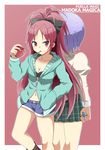  apple back-to-back blue_hair bow breasts cleavage food from_behind fruit hair_bow hand_in_pocket holding holding_food holding_fruit long_hair mahou_shoujo_madoka_magica medium_breasts miki_sayaka mouth_hold multiple_girls ookami_maito pleated_skirt pocky ponytail red_eyes red_hair sakura_kyouko short_hair short_shorts shorts simple_background skirt zipper 