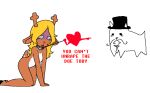 2025 annoying_dog_(undertale) anthro antlers blonde_hair brown_body brown_fur canid canine canis clothing collar collar_only deer deltarune dialogue digital_media_(artwork) domestic_dog ears_down english_text facial_hair female feral freckles fur gesture group hair hand_gesture hat headgear headwear holding_leash holding_object horn kneeling leash leashed_collar looking_down male mammal mustache necktie new_world_deer noelle_holiday nude pivoted_ears pointing pointing_at_another red_nose reindeer simple_background soul_(undertale) tail text top_hat trio undertale undertale_(series) unknown_artist white_background white_body white_fur