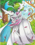  arm_blade blue_sky bob_cut bush cloud colored_skin dress elbow_gloves falling_petals gallade gardevoir gloves green_hair highres hug mega_gallade mega_gardevoir mega_pokemon outdoors petals pink_eyes pokemon pokemon_(creature) ravernclouk signature sky smile tree weapon white_dress white_gloves white_skin 