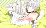  1girl accelerator ahoge albino brown_hair choker closed_eyes hug last_order pillow shirt short_hair sleeping striped striped_shirt to_aru_majutsu_no_index tsuneyasu white_hair 