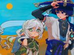  1boy 1girl arm_at_side arm_up armor black_bodysuit black_bow black_shorts blue_background blue_cape blue_gemstone blue_hair blue_hat blue_kimono blue_sky blue_sleeves blunt_ends bodysuit bow bridal_gauntlets bright_pupils cape clear_sky covered_collarbone detached_sleeves dress feathers furisode gem genshin_impact gold gold_ring gold_trim green_eyes green_hair green_sleeves hair_intakes hair_ornament hakama hakama_shorts half_crown_braid hat height_difference highres how_tosleep japanese_armor japanese_clothes jingasa juban kimono kote kurokote layered_sleeves leaf leaf_hair_ornament long_hair looking_at_another looking_at_viewer looking_down mandarin_collar middle_ring multicolored_hair nahida_(genshin_impact) open_clothes open_hand open_kimono parted_lips pleated_shorts pom_pom_(clothes) purple_eyes purple_rope purple_sash rope sash scaramouche_(genshin_impact) short_sleeves shorts shoulder_peek side_ponytail sidelocks sky streaked_hair sun tsurime vision_(genshin_impact) wanderer_(genshin_impact) white_dress white_hair white_kimono white_mouth white_pupils white_sleeves yellow_feathers 