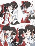  2girls absurdres arms_behind_back ascot black_ribbon black_skirt blush bow breasts brown_eyes brown_hair closed_eyes collared_shirt commentary_request detached_sleeves frilled_bow frilled_hair_tubes frilled_skirt frills hair_bow hair_tubes hakurei_reimu hat heart highres holding kiss long_hair multiple_girls neck_ribbon no_wings open_mouth pointy_ears puffy_short_sleeves puffy_sleeves red_bow red_eyes red_hat red_skirt ribbon ribbon-trimmed_sleeves ribbon_trim shameimaru_aya shirt short_hair short_sleeves skirt skirt_set speech_bubble thought_bubble tokin_hat touhou translation_request uehara_suiyo white_shirt yellow_ascot 