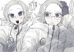 1boy :d aotsuki_eito arm_up black_gloves breast_pocket drawstring eyelashes glasses gloves grey_hair hand_on_own_head hand_up highres ikasuminomen jacket looking_at_viewer male_focus multiple_views outstretched_hand pocket purple_eyes round_teeth short_hair simple_background smile speech_bubble sweatdrop teeth the_hundred_line_-last_defense_academy- upper_teeth_only 
