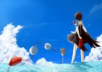  ahoge back blue_sky brown_hair cloud day from_behind geta hat hat_removed headwear_removed holding holding_shoes ocean ryuu_(tsukinoyuki) shameimaru_aya shoes short_hair signpost skirt sky solo tokin_hat touhou wading water wings 