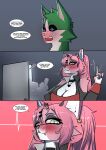 absurd_res anthro bath black_sclera blue_eyes blush breasts comic cousins_(lore) daisy_(katson) dark_sclera duo english_text felid feline female fur gesture green_body green_eyes green_fur hair hand_gesture hi_res incest_(lore) lizzard_sama male mammal pink_body pink_fur pink_hair pointing pointing_up shadow_(katson) text