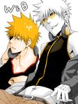  2boys belt black_sclera bleach brown_eyes dual_persona earrings glasses headphones jewelry kurosaki_ichigo male male_focus masaki_(logic15) multiple_boys multiple_persona navel orange_hair pale_skin piercing shirosaki_hichigo short_hair studded_belt white_hair yellow_eyes 