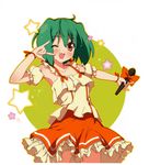  \m/ absurdres ahoge blush cowboy_shot detached_sleeves eyebrows_visible_through_hair fang green_hair highres holding holding_microphone kantoku macross macross_frontier microphone one_eye_closed open_mouth outline ranka_lee red_eyes ribbon short_hair skirt solo star twintails wrist_ribbon yellow_outline 