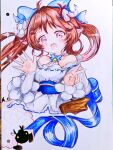  1girl ahoge animal_ears arknights bare_shoulders bell blue_sash blush brown_hair chinese_commentary commentary cropped_torso curled_horns eyjafjalla_(arknights) eyjafjalla_the_hvit_aska_(a_picnic_before_a_long_trip)_(arknights) eyjafjalla_the_hvit_aska_(arknights) horns jingle_bell long_hair long_sleeves looking_at_viewer neck_bell official_alternate_costume open_mouth photo_(medium) pink_eyes ribbon_trim sash sheep_ears sheep_girl sheep_horns solo sparkle traditional_media v wang_zhuangcun_youxiu_zhishu waving white_horns 