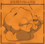 2022 3_toes abdominal_bulge absurd_res ambiguous_gender ambiguous_pred anthro anthro_pred belly big_belly dialogue digestion digital_media_(artwork) english_text feet fully_inside fur hi_res huge_belly inscryption lying mammal mustelid musteline navel on_back open_mouth pawplants stoat stoat_(inscryption) tail teeth text toes true_musteline unseen_prey vore weasel whiskers