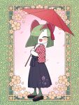  absurdres blush closed_eyes clothed_pokemon colored_skin floral_background green_hair green_skin hair_over_one_eye hakama hakama_skirt highres horns ino_(tellu0120) japanese_clothes kirlia multicolored_skin oil-paper_umbrella petals pink_petals pokemon pokemon_(creature) sidelocks skirt smile two-tone_skin umbrella white_skin 