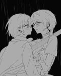  2girls bang_dream! bang_dream!_it&#039;s_mygo!!!!! blush choker closed_mouth commentary_request commission ear_piercing electric_guitar greyscale guitar highres instrument kaname_raana korean_commentary kudo_404nf long_sleeves monochrome multiple_girls parted_lips piercing rain short_hair short_sleeves smile takamatsu_tomori yuri 