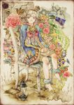  bad_id bad_pixiv_id bird blue_eyes bob_cut chair feathers flower gensou_suikoden gensou_suikoden_tierkreis grey_hair hair_ornament hairband highres lamp leaf letter manaril pansy paper pen photo_(object) pink_flower pink_rose rose short_hair sitting solo writing yogisya 