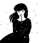  beads black_dress black_eyes black_hair cherry_blossoms covering_own_mouth dress funeral_dress hand_over_own_mouth long_skirt long_sleeves maison_ikkoku otonashi_kyouko prayer_beads skirt takahashi_rumiko wind 