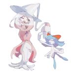  alternate_color blue_hair blue_skin closed_eyes colored_skin hair_over_one_eye hat hatterene highres horns kirlia multicolored_hair multicolored_skin open_mouth pokemon pokemon_(creature) prehensile_hair shiny_pokemon shuri_0818 sidelocks simple_background smile two-tone_skin white_background white_skin witch_hat 