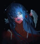  1girl asymmetrical_wings bandaid bandaid_on_face black_background black_eyeshadow blacksheep blank_eyes blue_hair blue_halo blue_lips chinese_commentary closed_mouth collarbone colored_skin commentary_request cropped dark expressionless eyelashes eyeshadow feathered_wings film_grain hair_over_one_eye halo head_wings highres light_particles lipstick long_hair makeup one_eye_covered orbital_path original portrait red_skin scar scar_on_neck simple_background solo tears traditional_halo variant_set veins veiny_face white_wings wings 