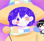  2boys ;d antenna_hair bandaged_head bandages bare_shoulders basketball black_eyes black_hair black_tank_top blush bright_pupils checkered_clothes checkered_hat checkered_scarf closed_mouth collarbone colored_skin commentary_request dot_nose double-parted_bangs empty_eyes grin hair_between_eyes hat head_tilt hector_(omori) holding holding_wand kel_(headspace)_(omori) kel_(omori) male_focus multiple_boys no_pupils official_alternate_costume omori omori_(omori) one_eye_closed orange_hat orange_shirt paper_texture pokoponpen purple_background purple_eyes purple_hair rock scarf shirt short_hair simple_background smile solo_focus straight-on tank_top thumbs_up upper_body v-shaped_eyebrows wand white_pupils white_skin wizard_hat 
