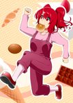  anpan bread cake chocolate contemporary eating food food_in_mouth fruit hair_bobbles hair_ornament ice_cream mary_janes mattari_yufi mouth_hold onozuka_komachi overalls red_eyes red_hair shoes solo strawberry suspenders touhou two_side_up 