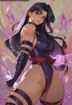  1girl bare_shoulders breasts elbow_gloves erotic_nansensu gloves highleg highleg_leotard highres large_breasts leotard long_hair looking_at_viewer marvel psylocke purple_eyes purple_hair sash solo superhero_costume thighhighs x-men 