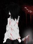  1boy afro_puffs black_eyes black_hair blood blood_on_knife body_horror colored_skin commentary commentary_request creepypasta dayan7_ariel drawstring glasgow_smile hand_on_mirror holding holding_knife hollow_eyes hood hood_up hoodie horror_(theme) jeff_the_killer knife long_hair long_sleeves optical_illusion simple_background smile solo teeth white_hoodie white_skin 